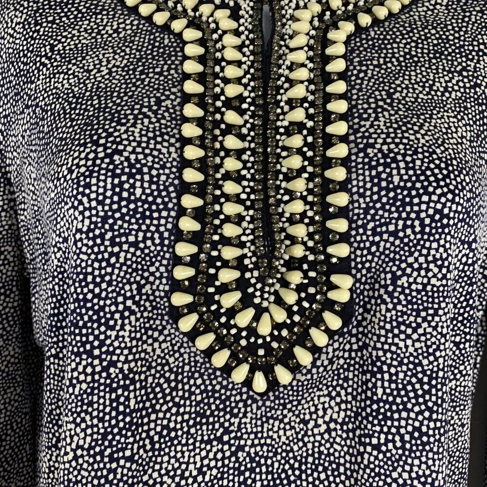 Tory Burch Top Womens Small Silk Beaded Neck Printed‎ 3/4 Sleeve TP-2370